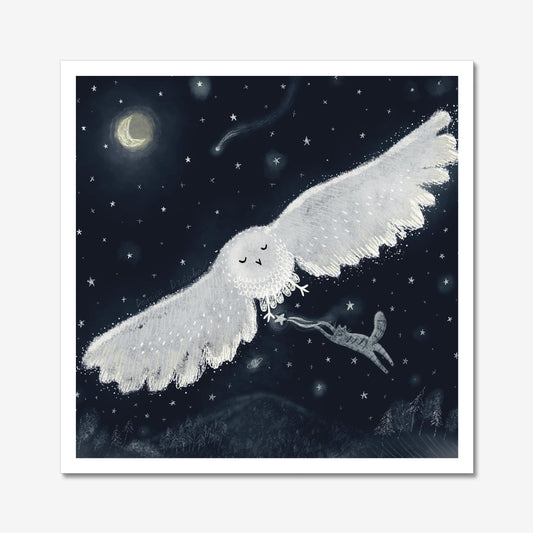 Cat art print: Cat stealing stars in the night sky while riding an owl illustration