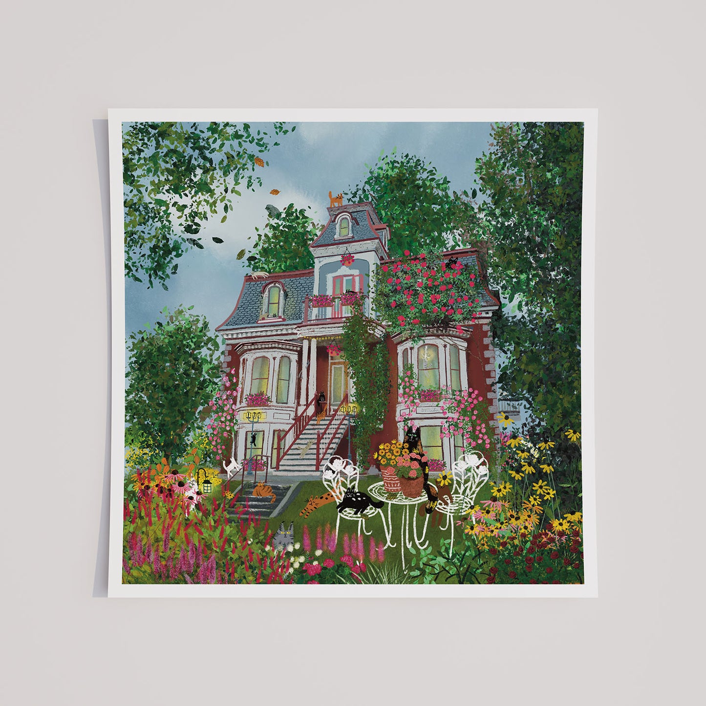 Cats at a Montreal Victorian Mansion in Blooms Unframed Art Print