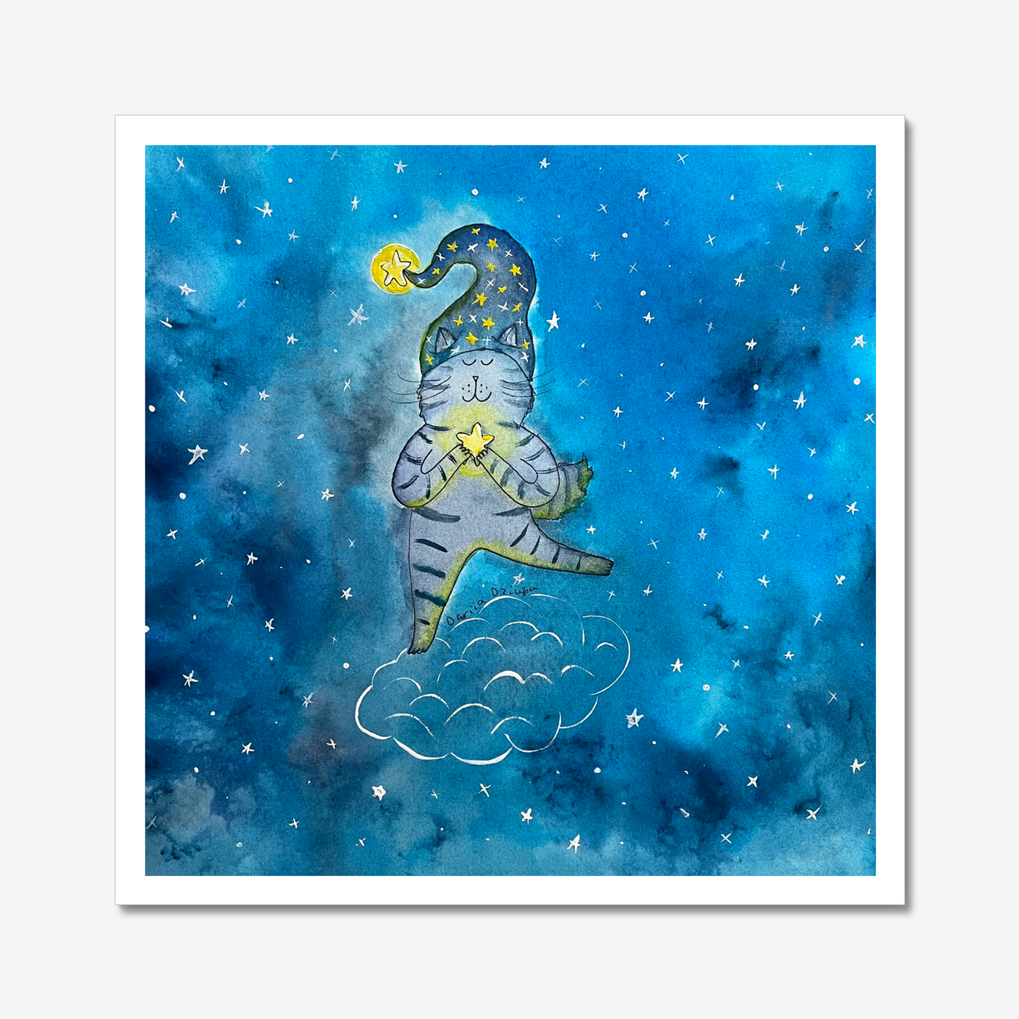 Cat art print: Cat standing on a cloud holding a star wearing a pajamas hat