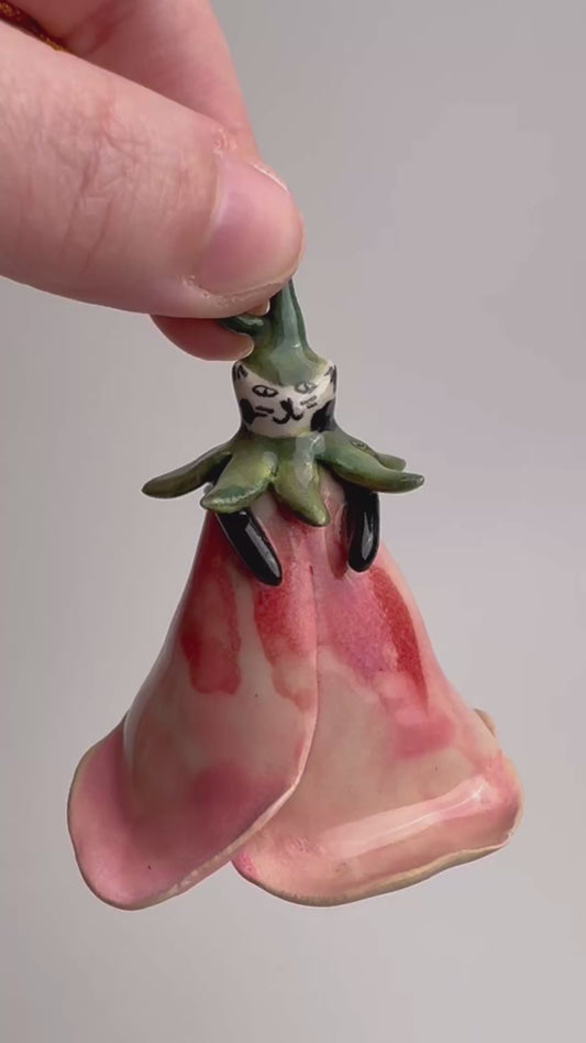Handmade Ceramic Malva Flower Bell with Cat or Dog Figure/ Handmade cat themed ceramic Christmas ornament/ Pink Blossom Ornament