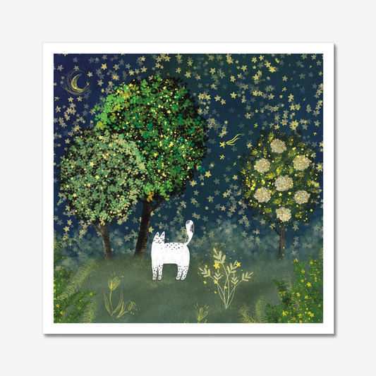 Cat art print: Cat in starry garden