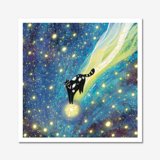 Cat art print: Cat riding a shooting star in starry sky