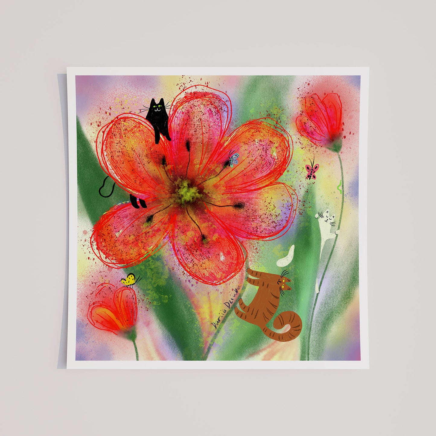 Cats Among Tulips Unframed Art Print