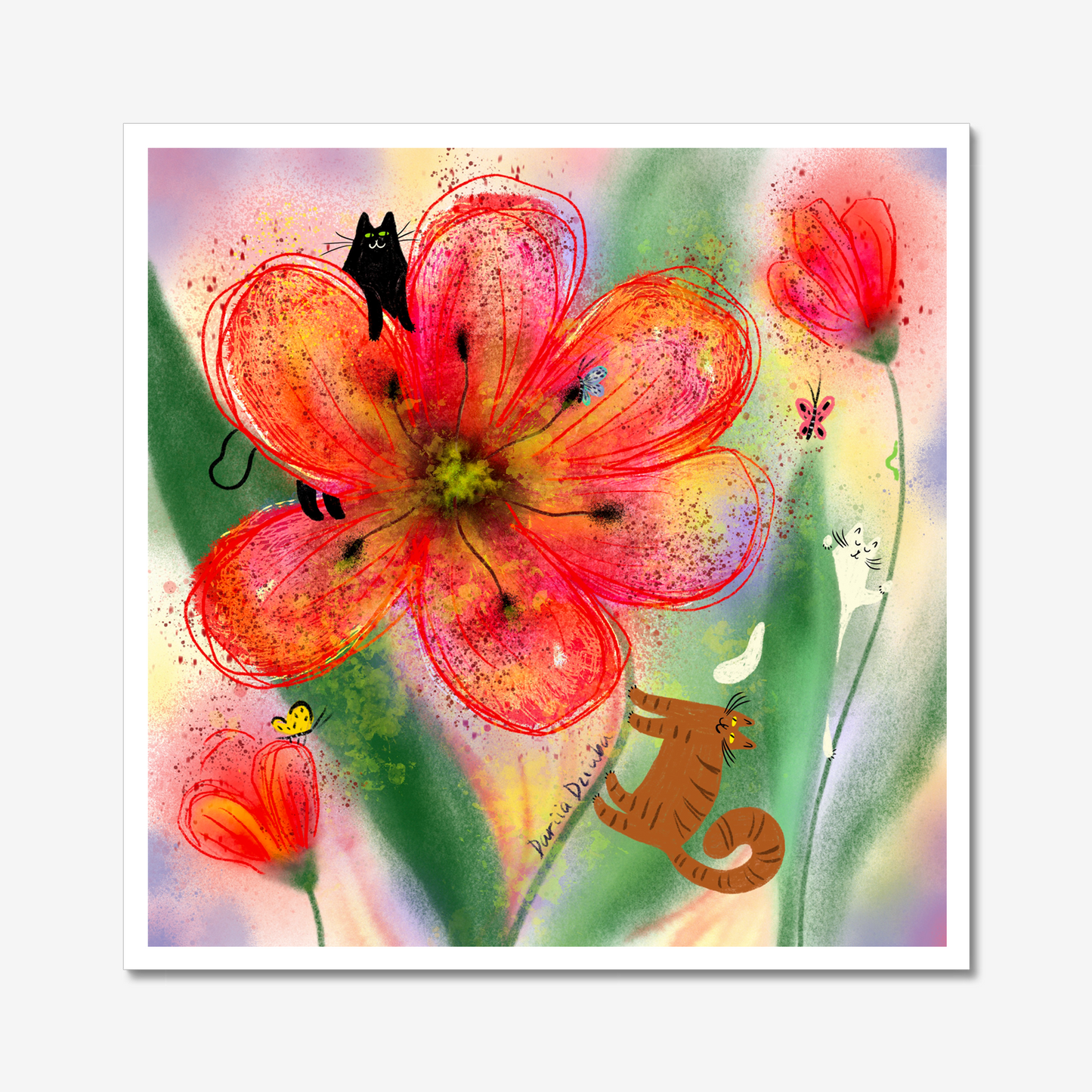 Cats Among Tulips Unframed Art Print