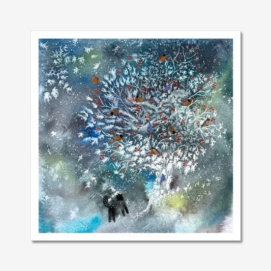 Cat art print: Cat watching birds in winter/ Cat artwork/ Wall hangings/ Paper art print