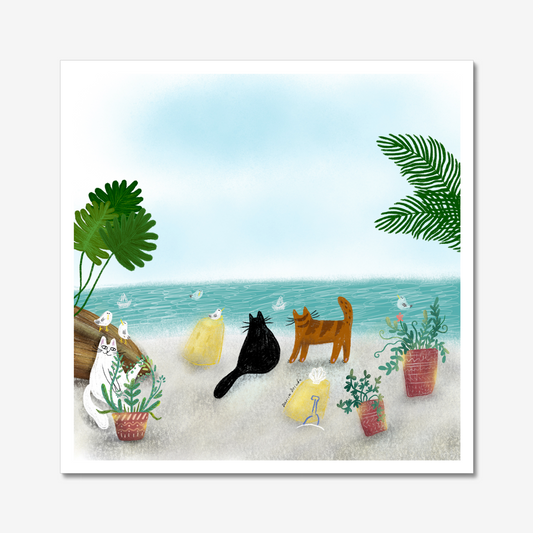 Cats At a White Sand Beach Unframed Art Print