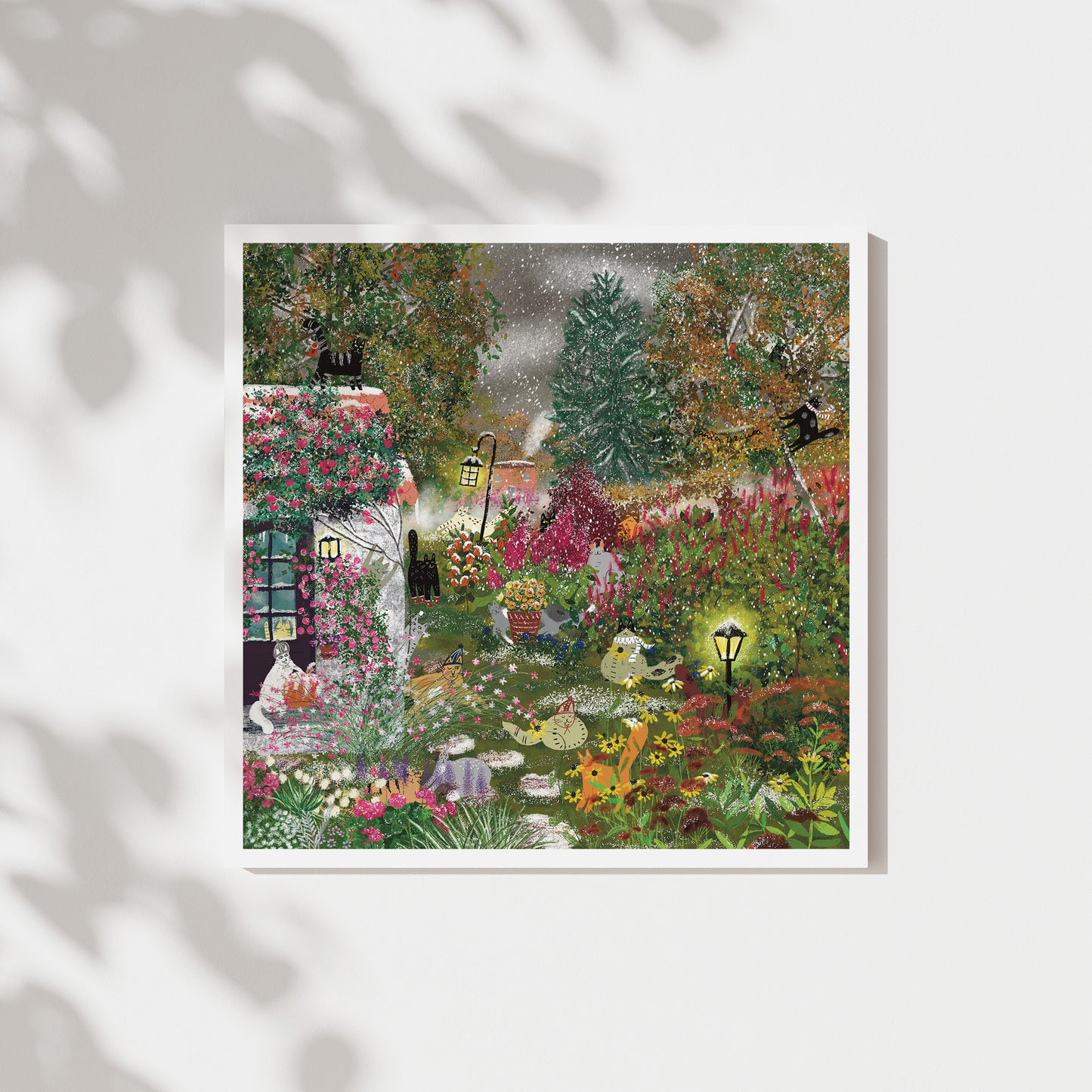 Unframed Art Print: Snowy Autumn Garden with Cats