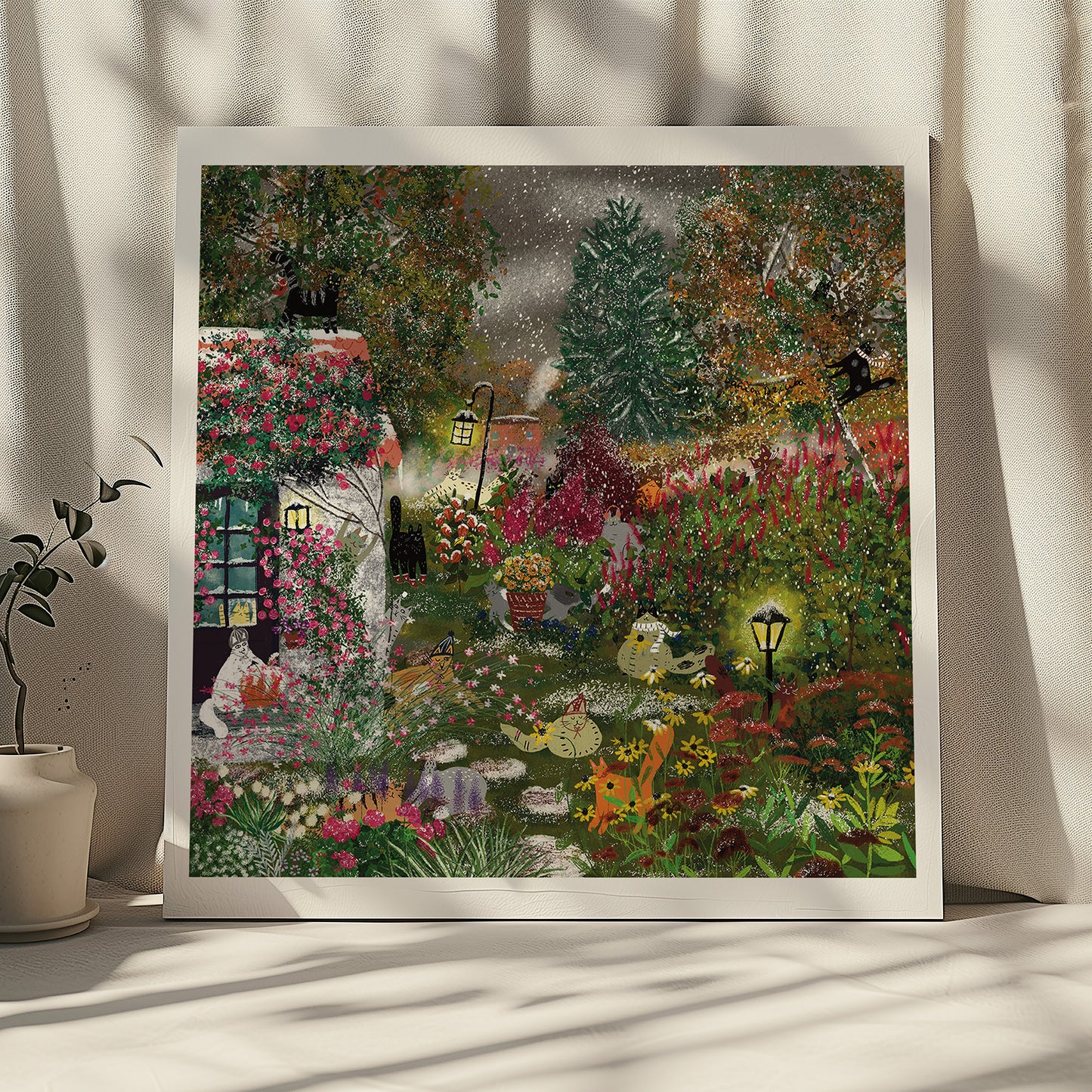 Unframed Art Print: Snowy Autumn Garden with Cats