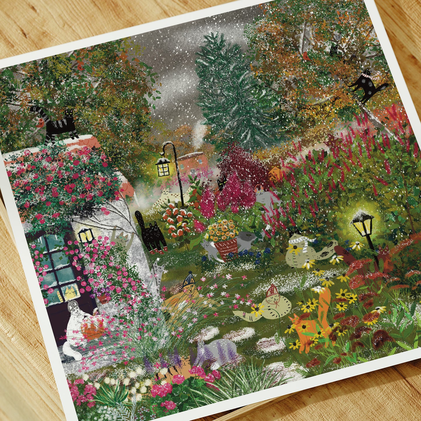 Unframed Art Print: Snowy Autumn Garden with Cats