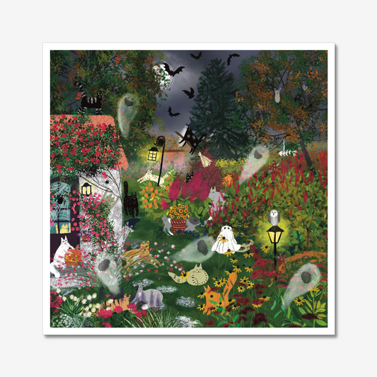 Unframed Art Print: Cats In Halloween Garden