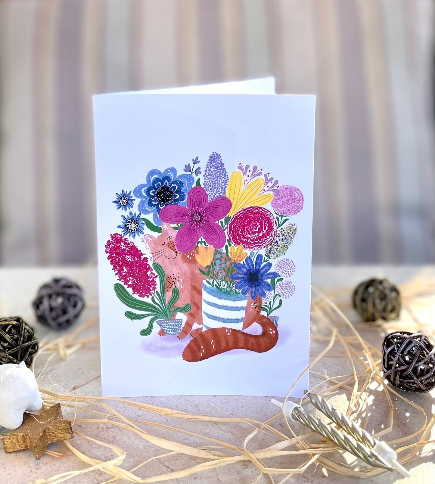 Whimsical Cat & Floral Greeting Card 4x6” Birthday Anniversary