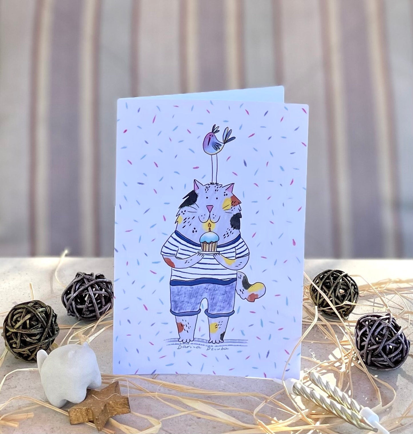 Cat and bird with cake: Greeting card