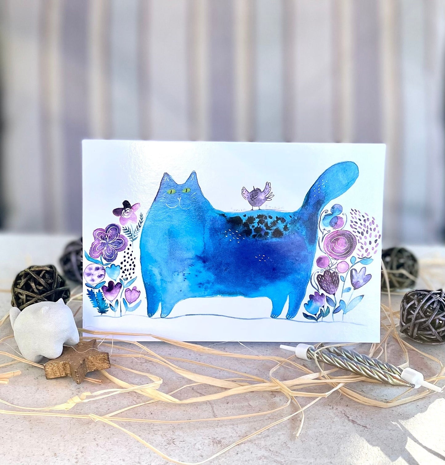 Cat with flowers/ Blue cat amongst flowers: Greeting card