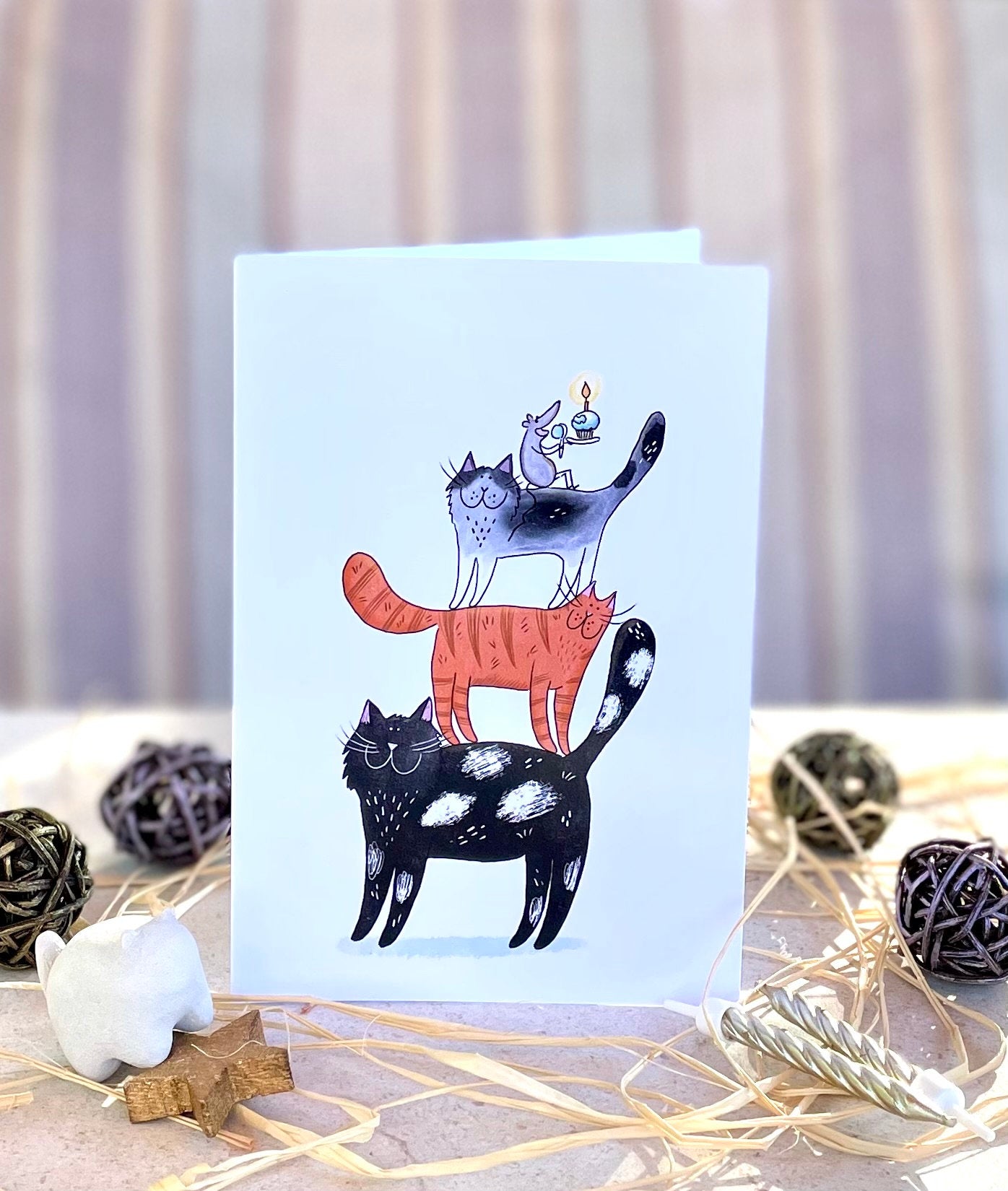 Cat on cat and mouse: Greeting card