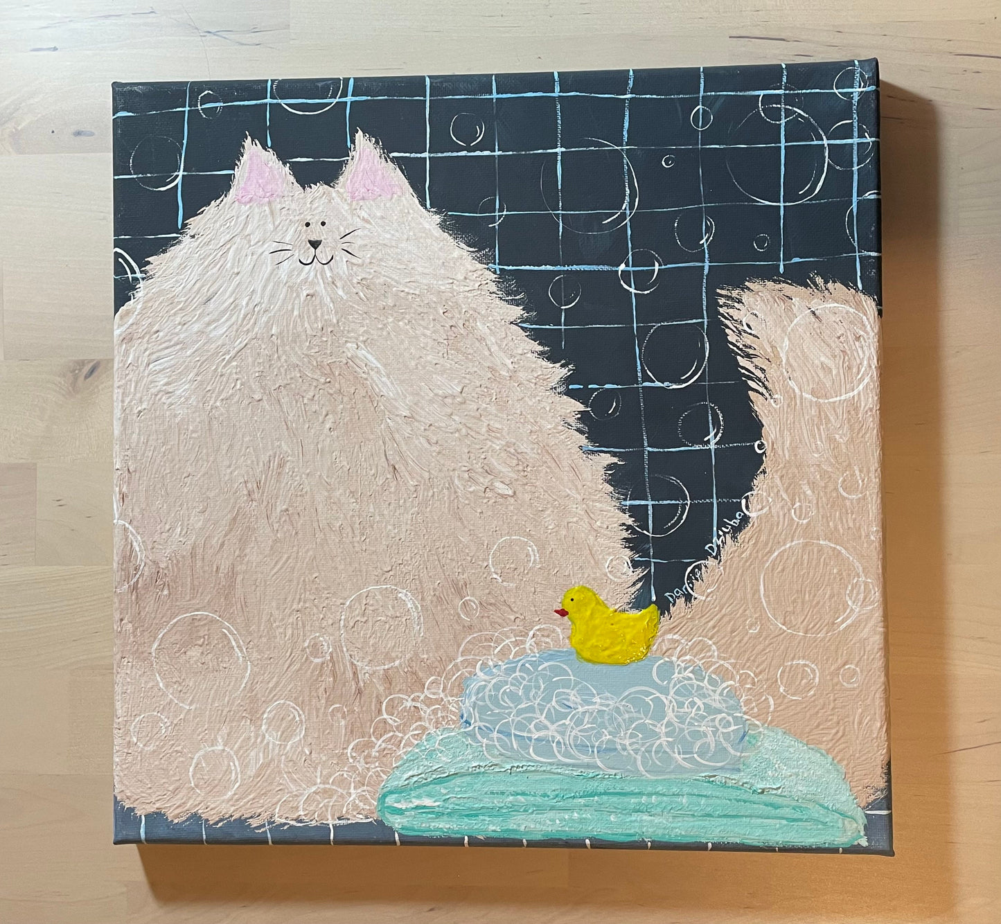 Chat dans la salle de bain acrylique sur toile : Peinture d’art de chat