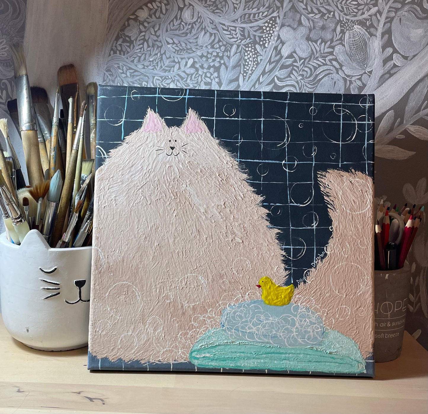 Chat dans la salle de bain acrylique sur toile : Peinture d’art de chat