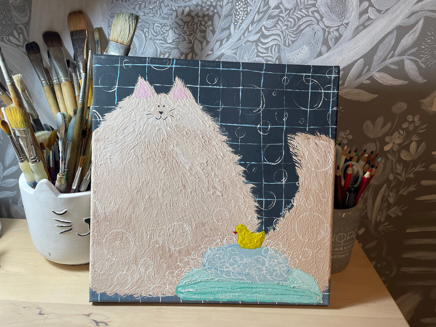 Chat dans la salle de bain acrylique sur toile : Peinture d’art de chat