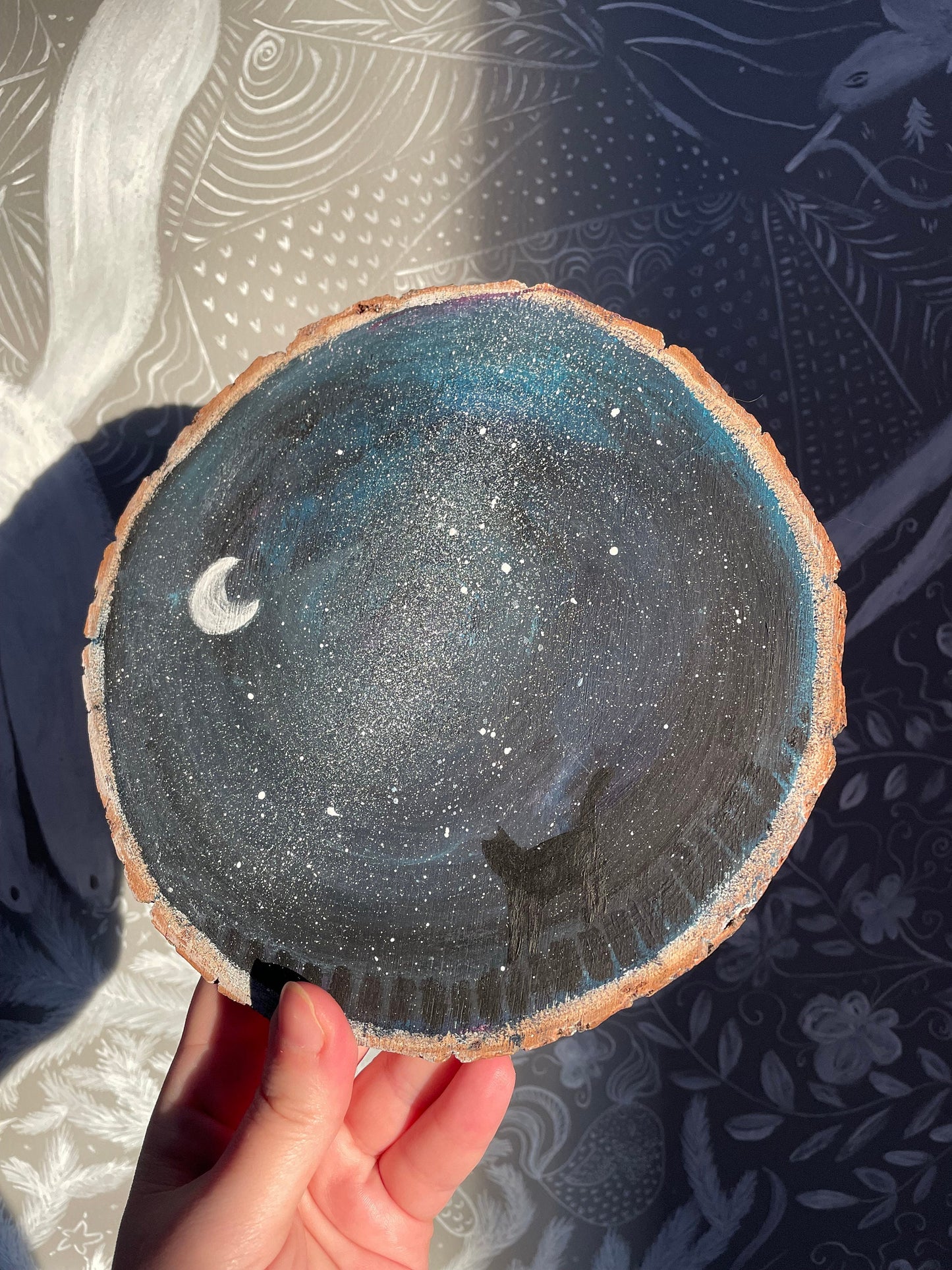 Cat and galaxy:  Painting on wood