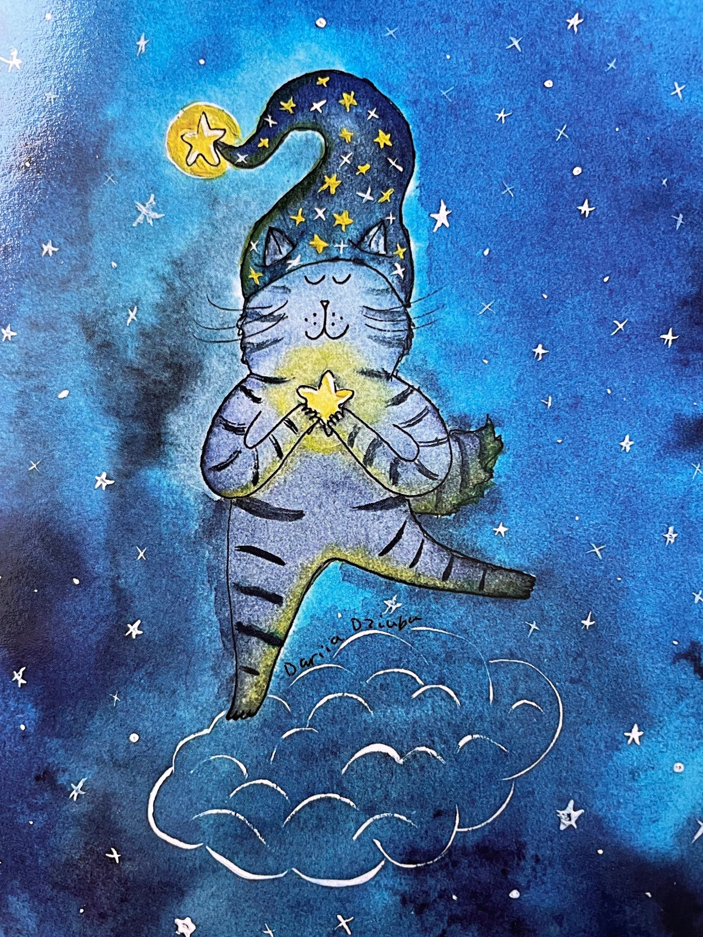 Cat holding a star on a cloud: Greeting card