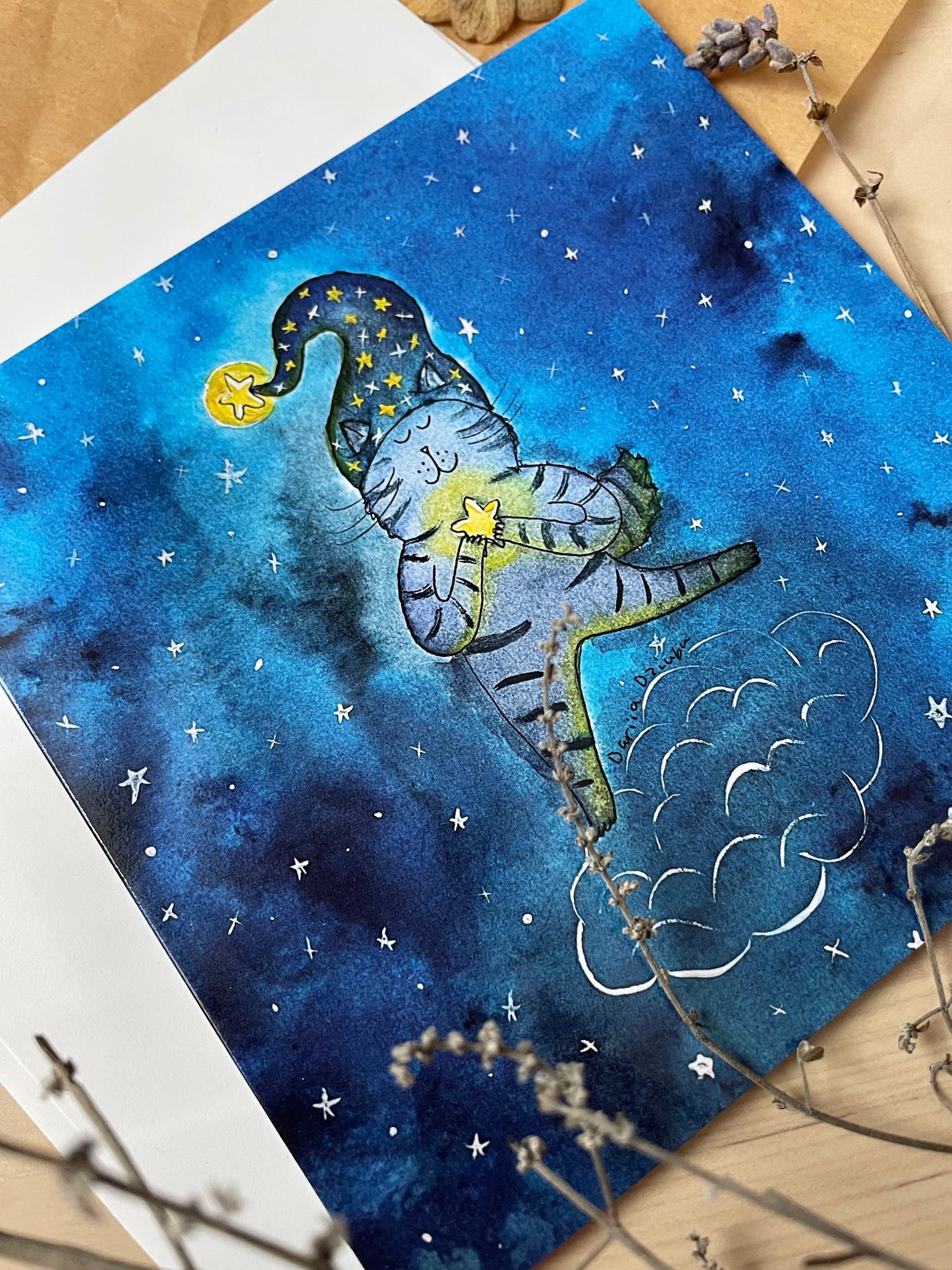 Cat holding a star on a cloud: Greeting card