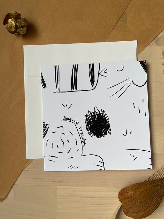 Carte carrée chaton noir et blanc avec un sourire: Carte de vœux pliante
