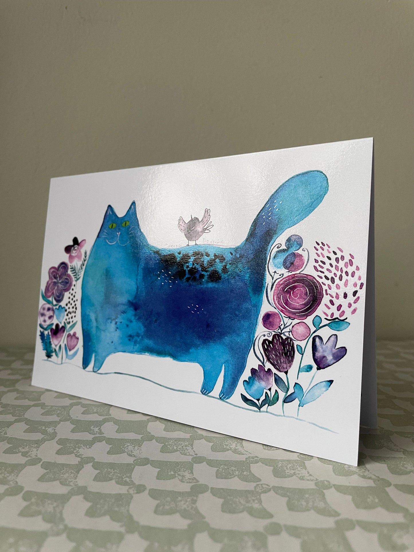 Cat with flowers/ Blue cat amongst flowers: Greeting card