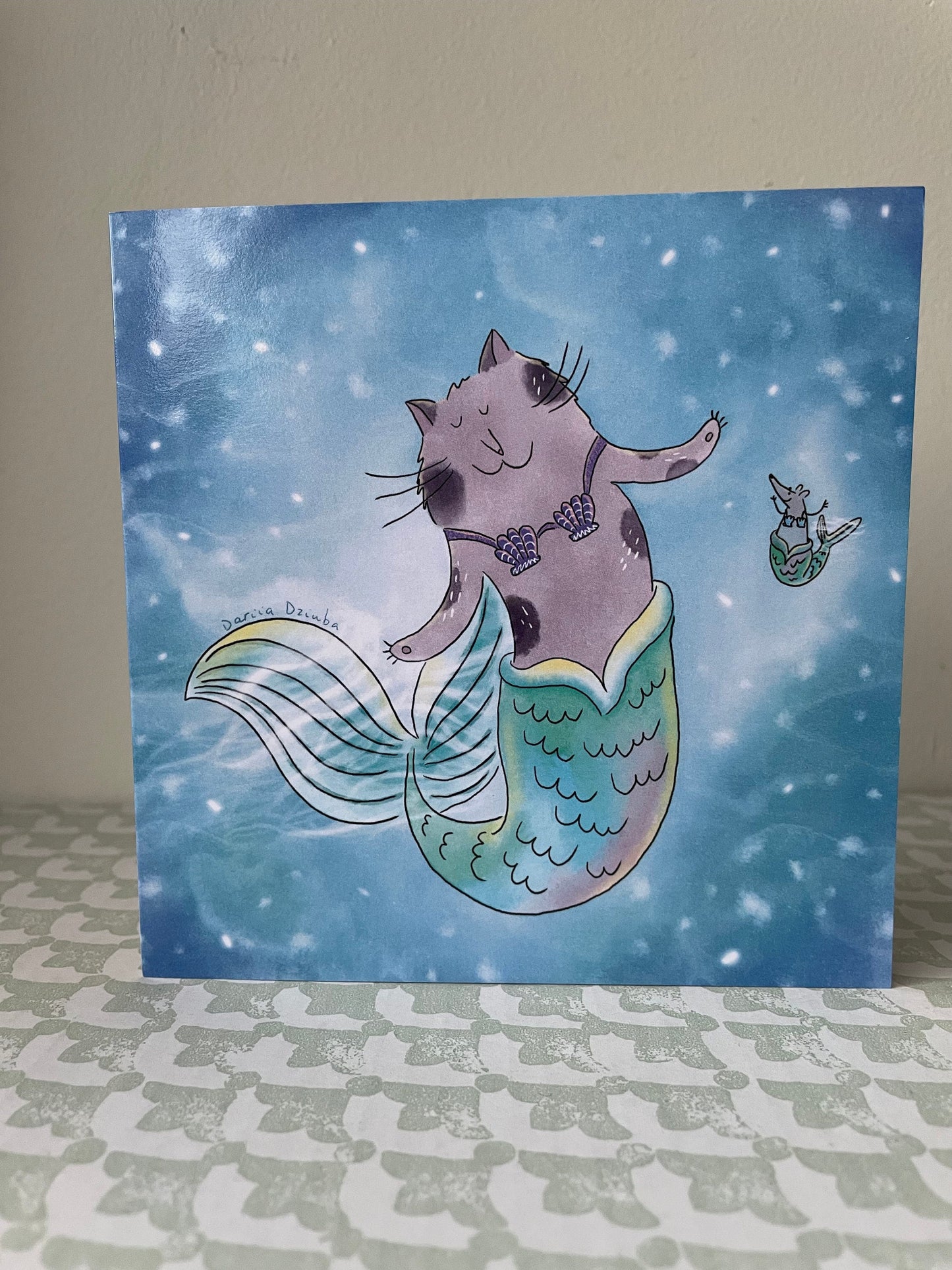 Mermaid cat and mermaid mouse: Greeting card