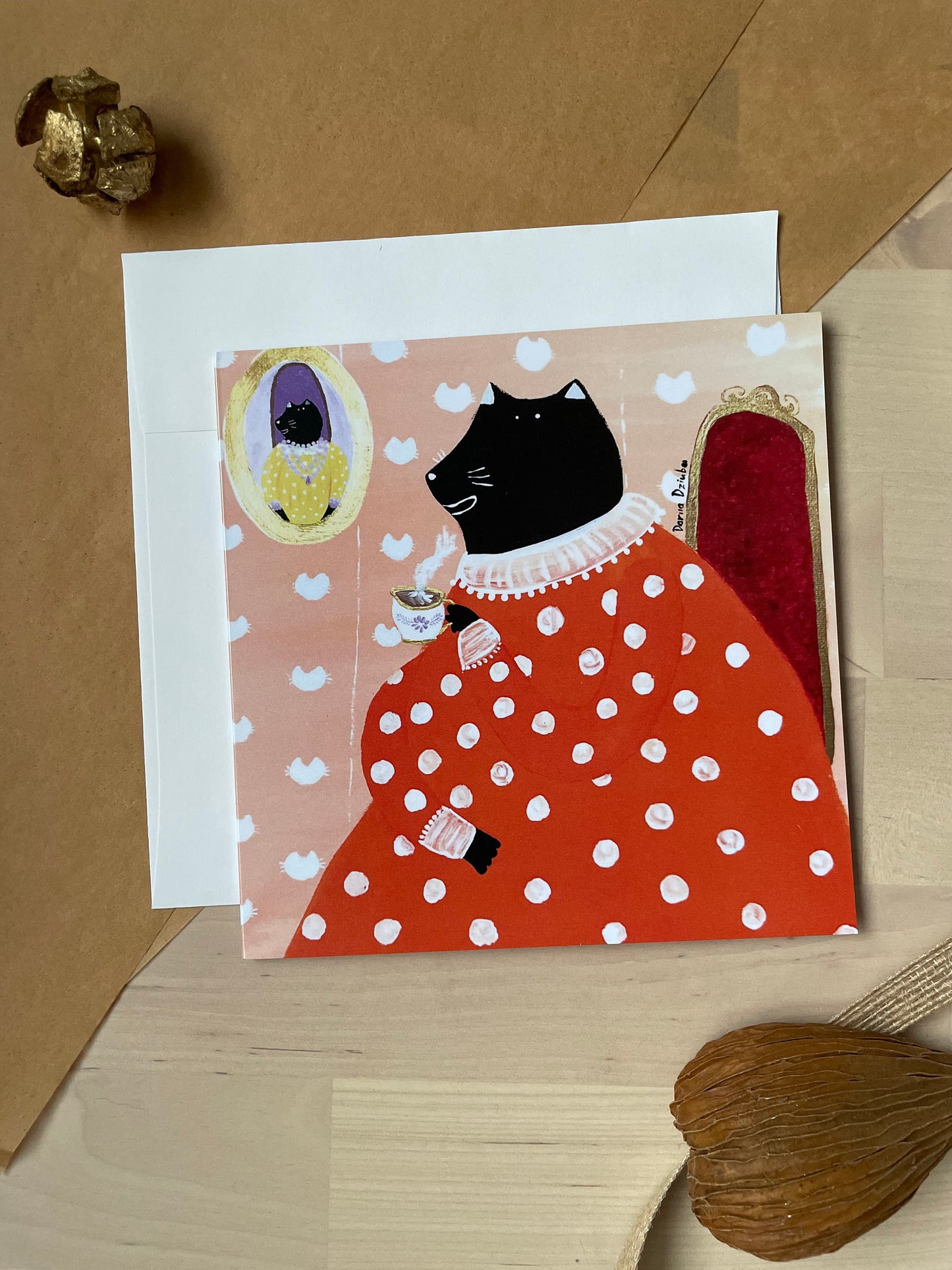 Black cat grandma drinking tea: Greeting card