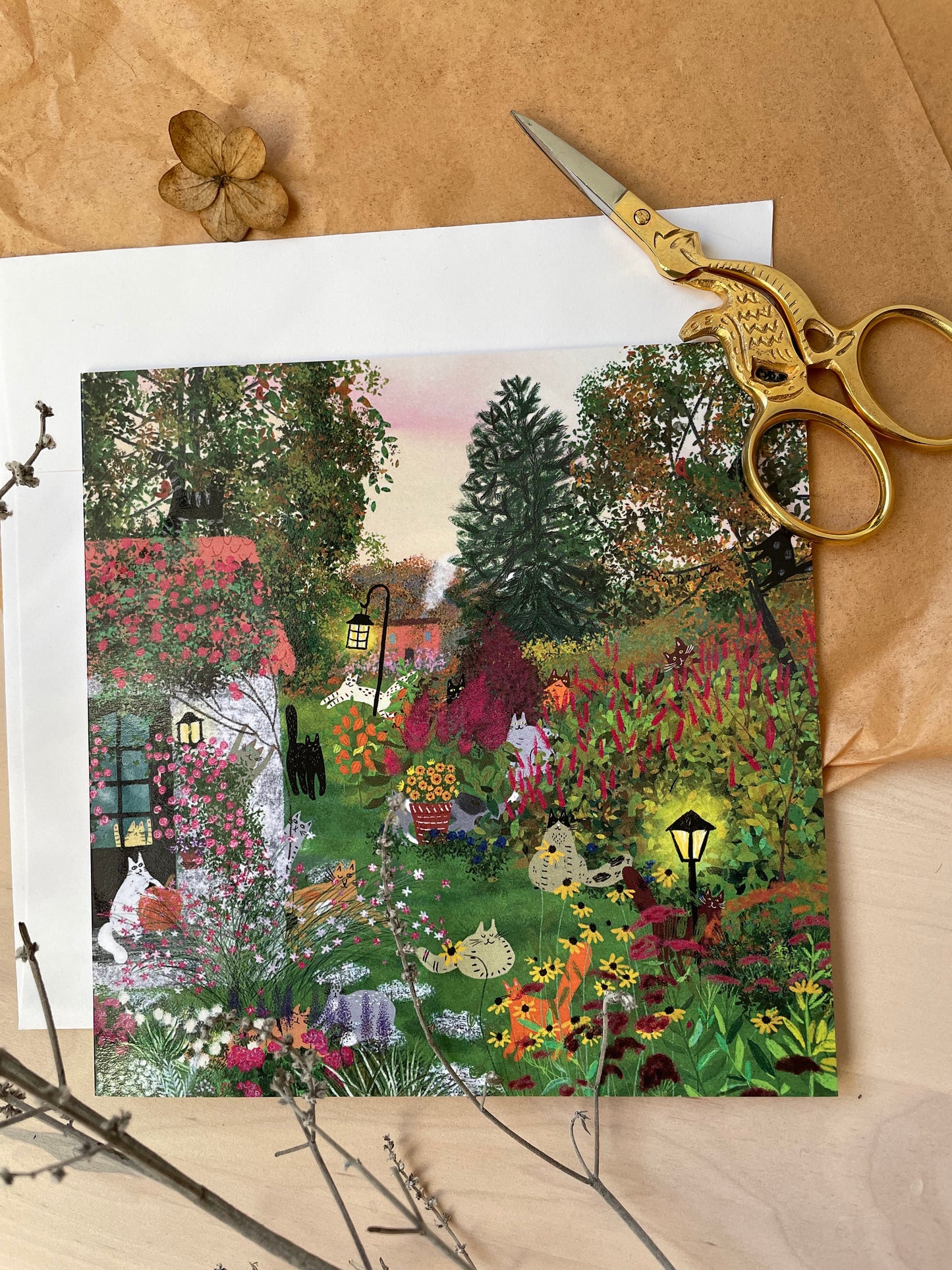 Cats in a fall garden: Greeting card