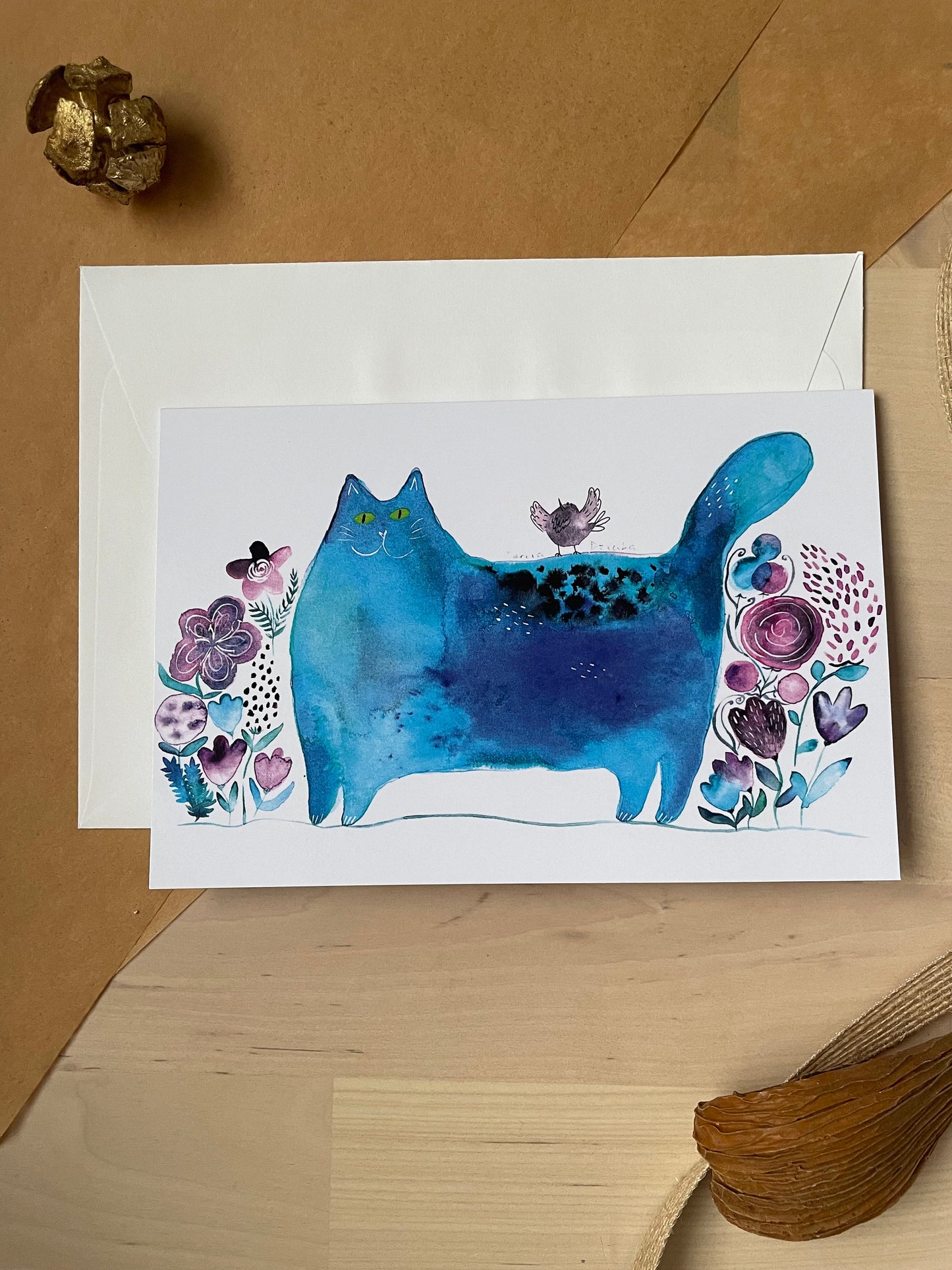 Cat with flowers/ Blue cat amongst flowers: Greeting card