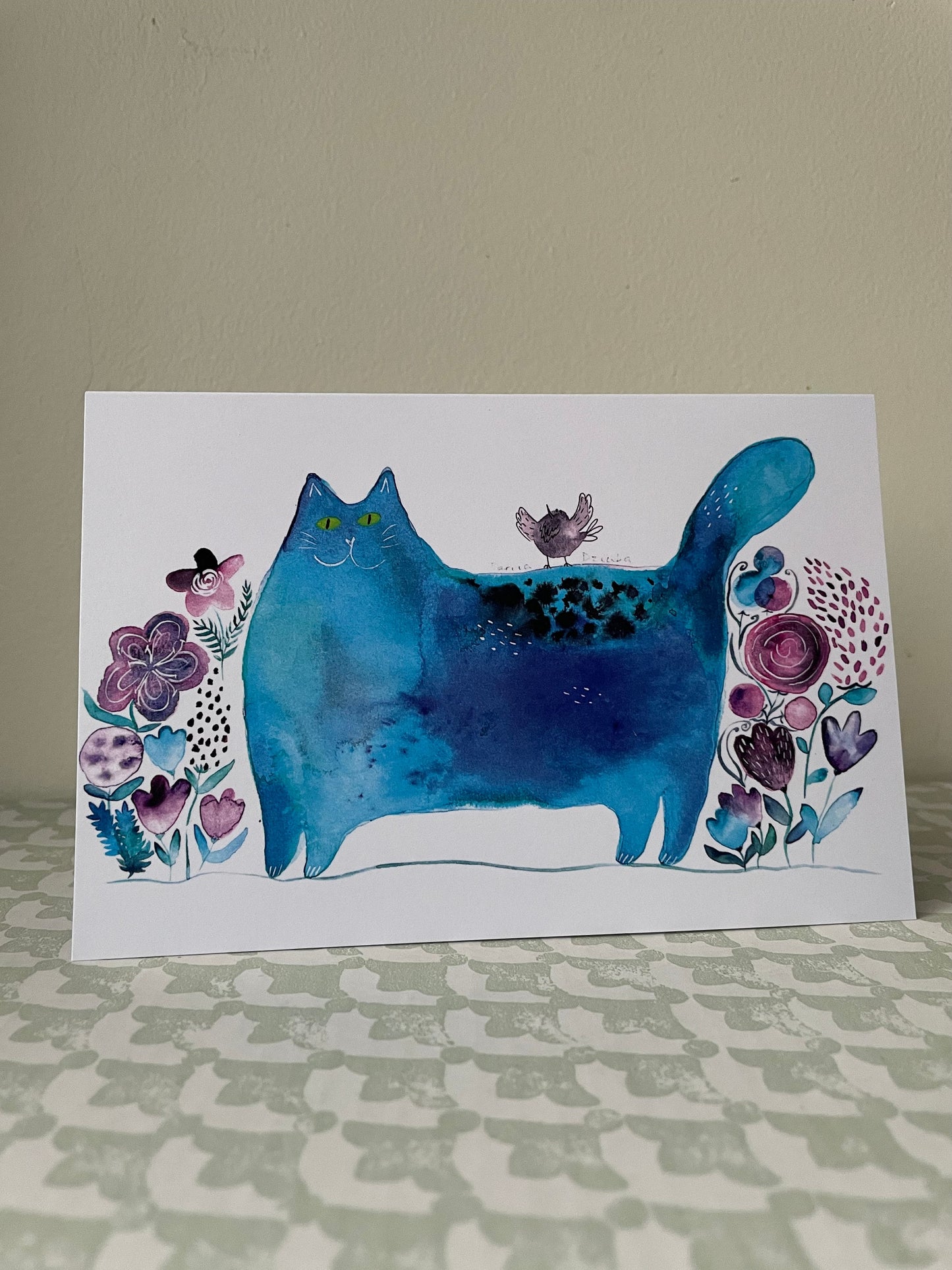 Cat with flowers/ Blue cat amongst flowers: Greeting card