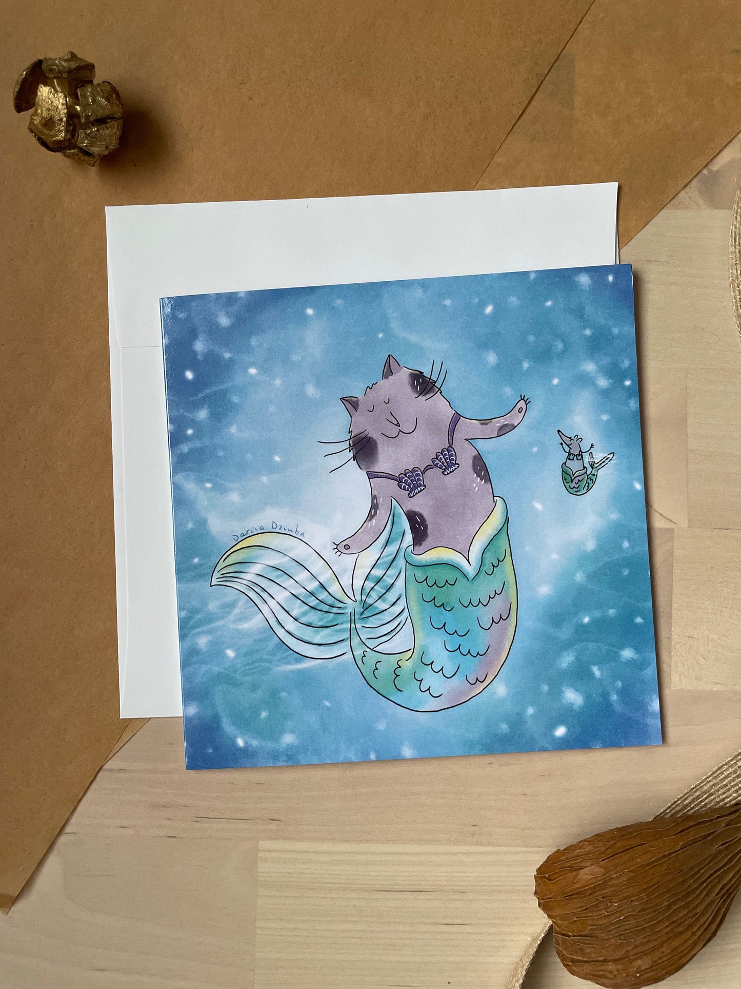 Mermaid cat and mermaid mouse: Greeting card