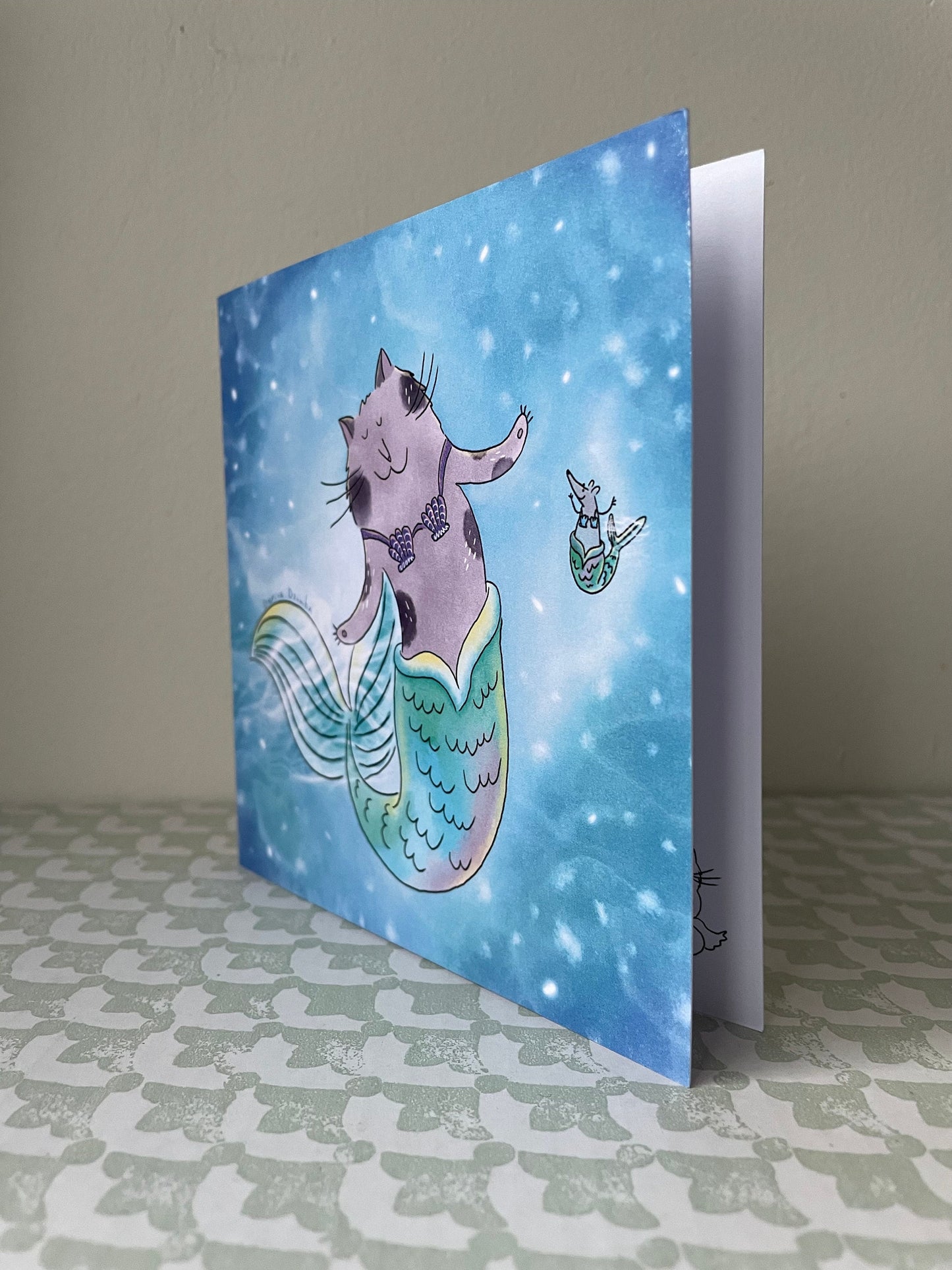 Mermaid cat and mermaid mouse: Greeting card